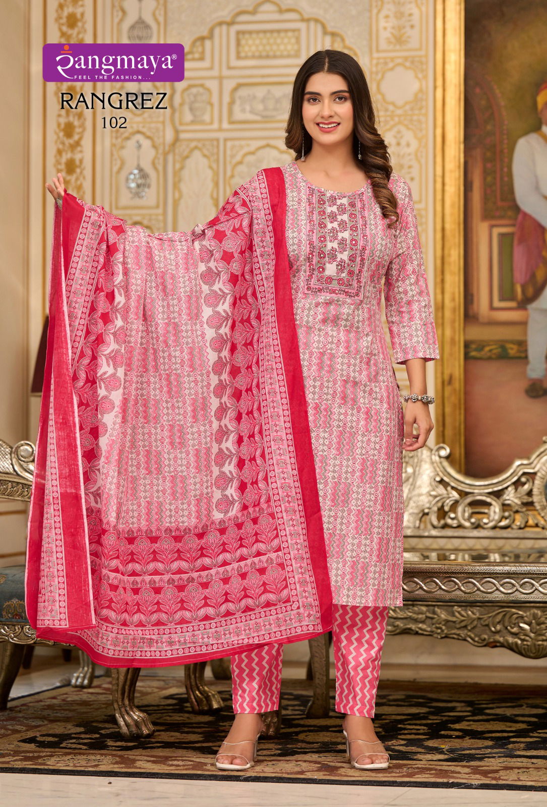 Rangrez By Rangmaya Printed Cotton Embroidery Kurti With Bottom Dupatta Wholesale Shop In Surat
